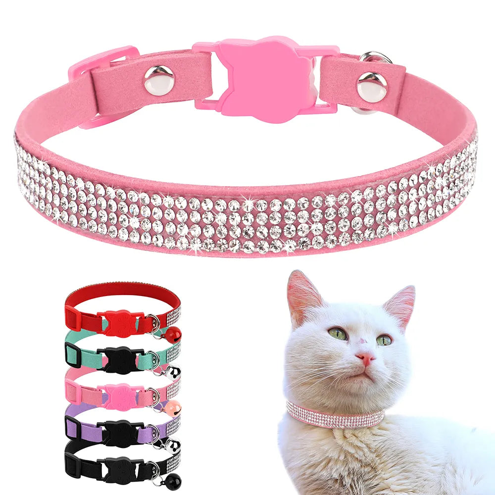 Weiches Wildleder Katzenhalsband Bling Strass Katzen Halsbänder mit Glocke Sicherheit Haustier Welpen Halskette Verstellbar XS S Pink