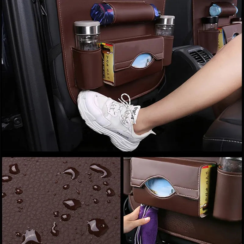Ergocar Auto Organizer Rückenlehnenschutz Luxus Autositzschutz aus PU-Leder mit faltbarem Tablethalter wasserdicht Rückenlehnenschutz Rückenlehnen-Tasche für Kinder