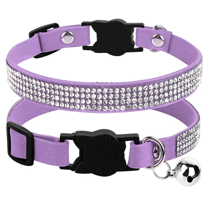 Weiches Wildleder Katzenhalsband Bling Strass Katzen Halsbänder mit Glocke Sicherheit  Haustier Welpen Halskette Verstellbar XS S Pink