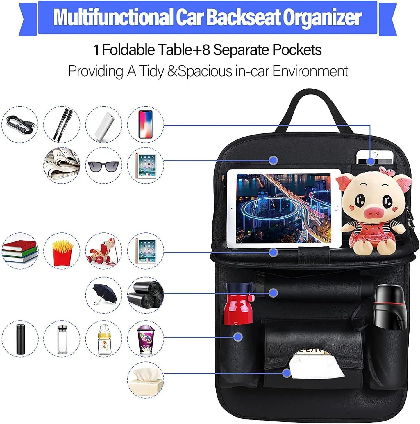 Ergocar Auto Organizer Rückenlehnenschutz Luxus Autositzschutz aus PU-Leder mit faltbarem Tablethalter wasserdicht Rückenlehnenschutz Rückenlehnen-Tasche für Kinder